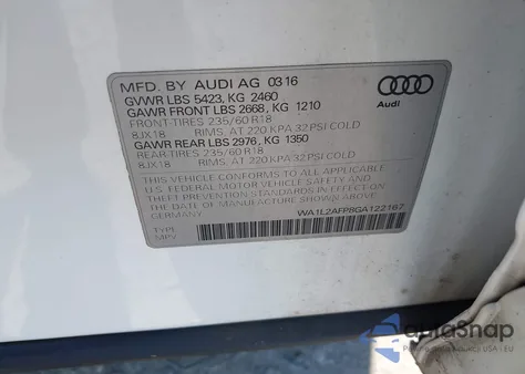2016 Audi Q5 2.0T Premium z USA, uszkodzony, nr VIN WA1L2AFP8GA122167